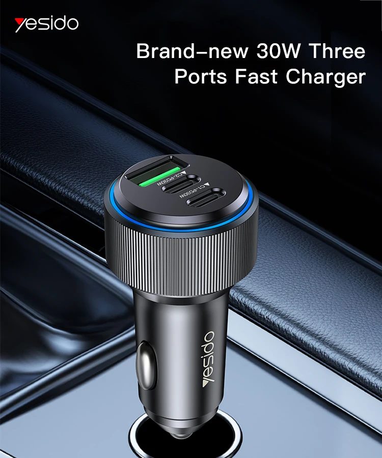 Yesido Brand-new 30W USB And 2 Type-C Three Ports Fast Chargeing LED Lamp Ring Aluminium Alloy Car Charger