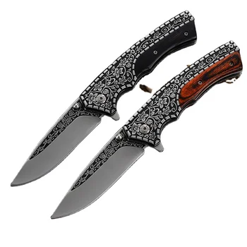 Folding Blade Knife High Quality Etched Pattern Camping Hunting Survival Color Wooden Handle Pocket Knives