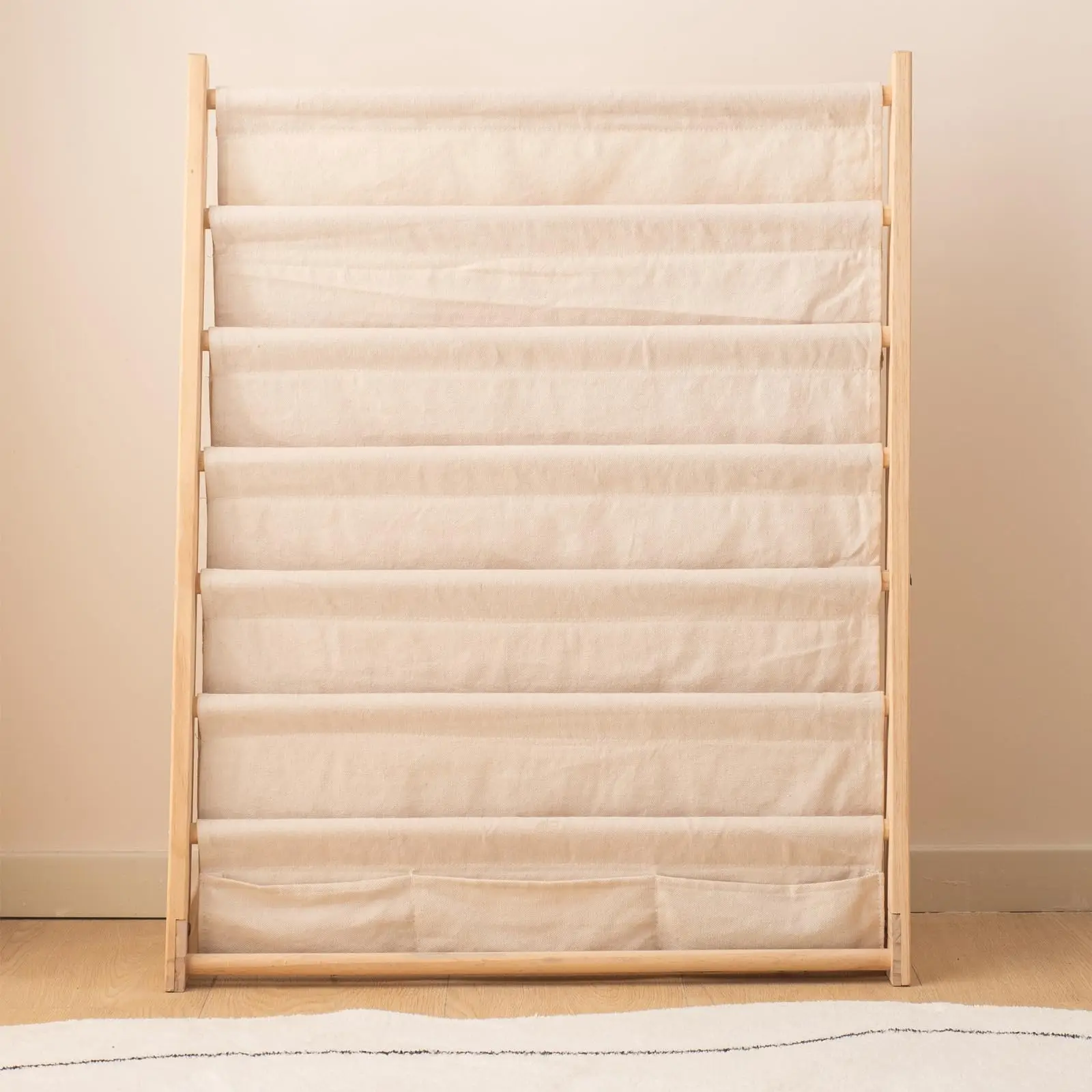 Bamboo Bookrack Canvas Book Storage Shelf Display Bookshelf 6 Tier Kids Book Rack for Bedroom Living Room