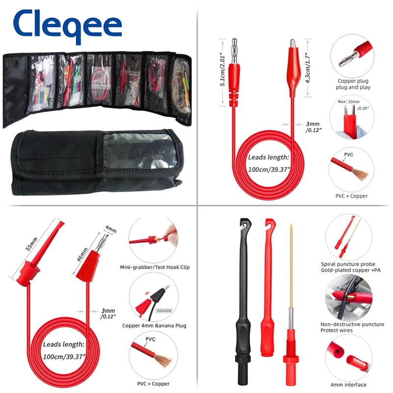 Cleqee P1957 Multimeter Test Leads Kit Back Probe Set with Replaceable Probes Set Wire Piercing Probes for Electrical Testing