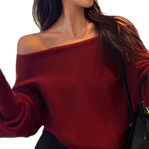 Custom High Quality Spring Autumn  Soft off Shoulder Lantern Sleeve Knitted Top, Fashionable and Diverse, Can Be Worn Alone