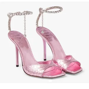 OEM/ODM Luxury Pink Metallic Snake-Embossed High Heels Ankle Strap Square Toe Stilettos Women's Outdoor Summer Height Increasing