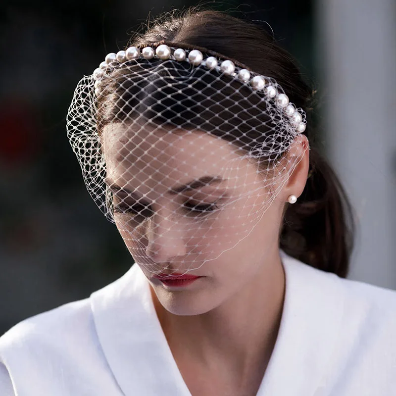 Bridal Pearl Net Headpiece Veil- Handmade Soft English Net Wedding Veil, Lace Comb Bridal Veil  main image 3