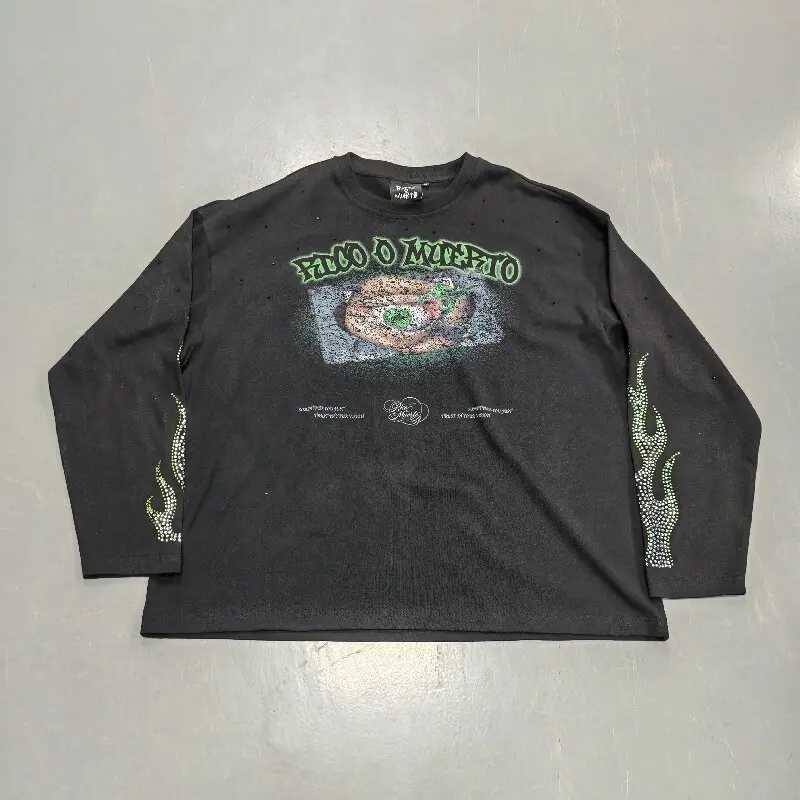 Manufacturer Custom Heavyweight Streetwear Rhinestone Y2k Vintage Wrinkle Resistant Tshirt Layer Long Sleeve T-Shirt Men
