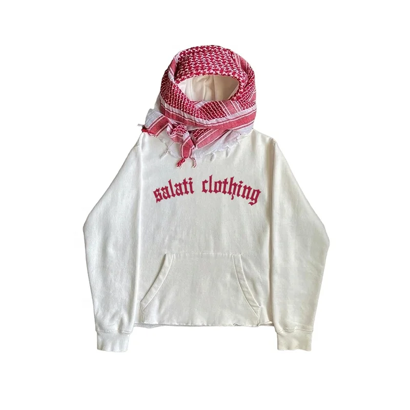 Salati Manufacturing Custom Pullover Raw Hem Heavy Cotton No String Screen Printed Logo Streetwear Unisex Men Hoodies With Scarf gallery 3