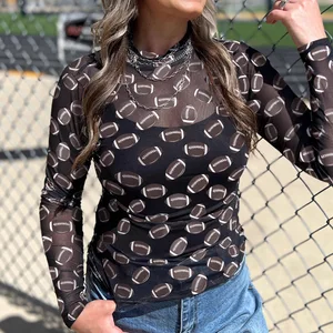 European American Style Casual Mesh Breathable Street Rugby Print Vintage Blouse Women 2026 Autumn Slim-Fit Long-Sleeve Top