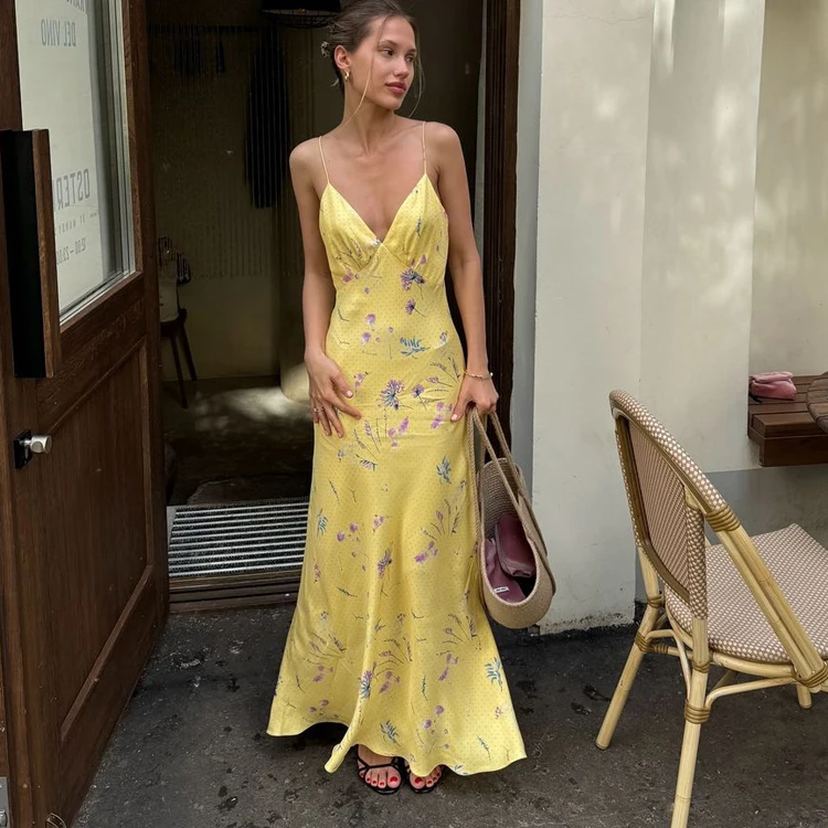 Wholesale Yellow Dresses for Women V Neck Paghetti Trap Lip Maxi Yellow Casual Print Women's Ummer Clothing 2025 Long Floral Dress Beautiful Dresses