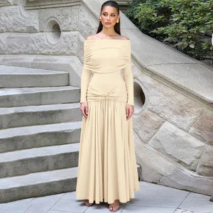 2025 French Style One-Shoulder Waist-Cinching Pleated Long-Sleeve Dress New Fashionable Casual Dress Hot-Selling in Autumn