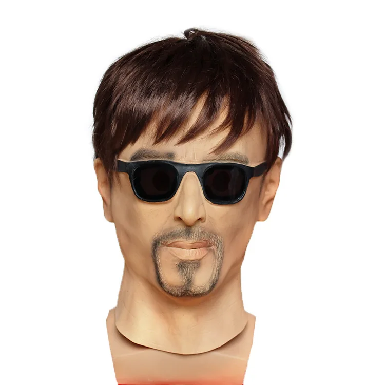 Realistic Man Mask with Wig Latex Human Face With Sunglasses Funny Rubber Masquerade Artificial Human Full Head Party Mask