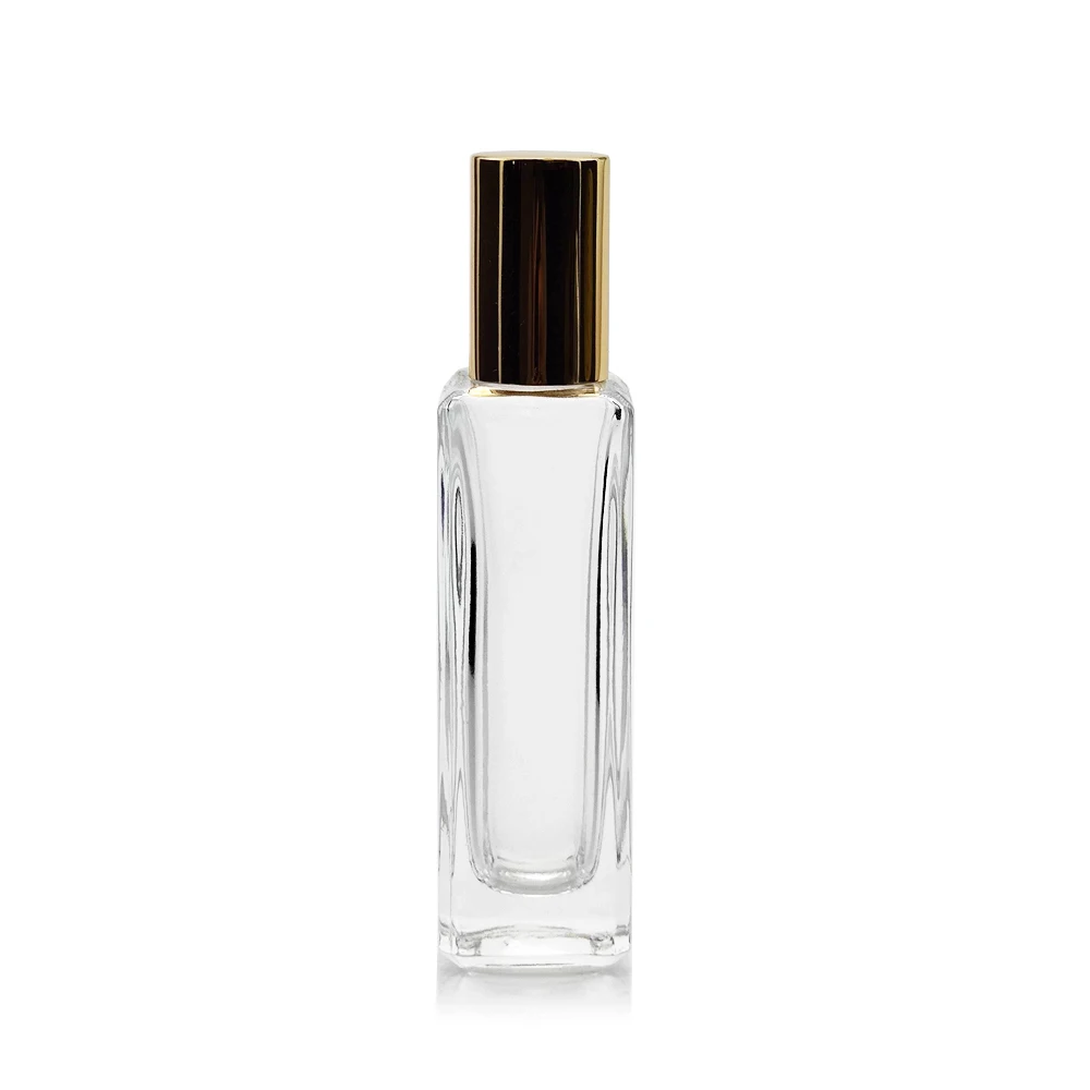 30 ml square High Slim Bottles Perfume Glass Spray Perfume Bottle with Aluminium Wooden Zamak PMMA Plastic Top