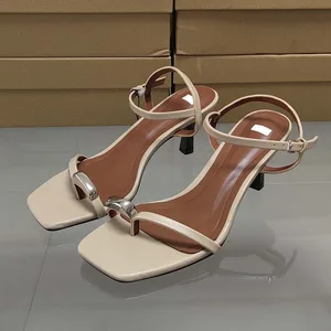 QuiteS 2026 Summer Women's Slip-On Dress Shoes New Square Head Metal Decorative High Heel Sandals with Open Toe and Buckle Line