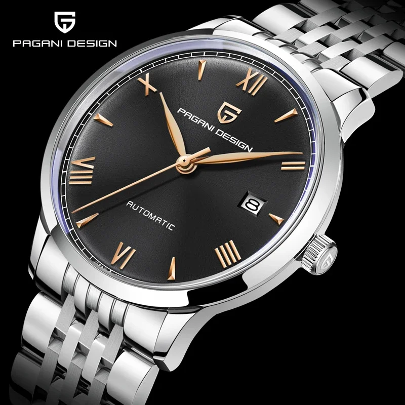 Pagani Design 1759 Automatische herenhorloges, modieuze jurk, zelfopwindend horloge, lederen band, 100 m, waterdicht, casual stijl, Zilver, riem Pagani Design 1759 Automatische herenhorloges, modieuze jurk, zelfopwindend horloge, lederen band, 100 m, waterdicht, casual stijl, Zilver, riem