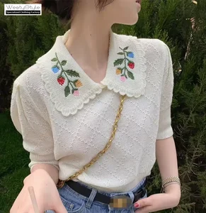 Women's Floral Print Retro Flat Knitted Anti-Wrinkle Breathable Summer Short Sleeve Thin Sweater Turn-down Collar Embroidery
