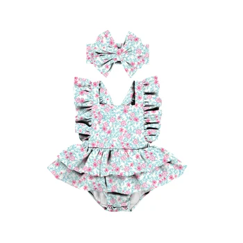 Yiwu Yiyuan Garment tiny pink flowers toddler baby girls milk silk bubble ruffle romper new born baby clothes headband set