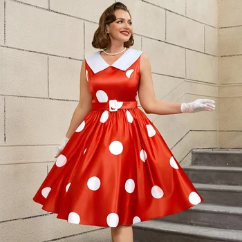 AM050222 Retro Lapel Collar Sleeveless Rockabilly Party Wear a Line Print Red Polka Dot Dress for Young Girl Casual