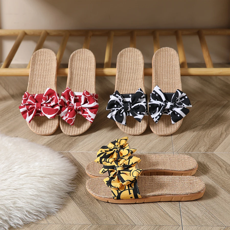New Bow Linen Slippers Couples Home Vacation Simple Linen Slippers Women's Four Seasons Sandal Slippers