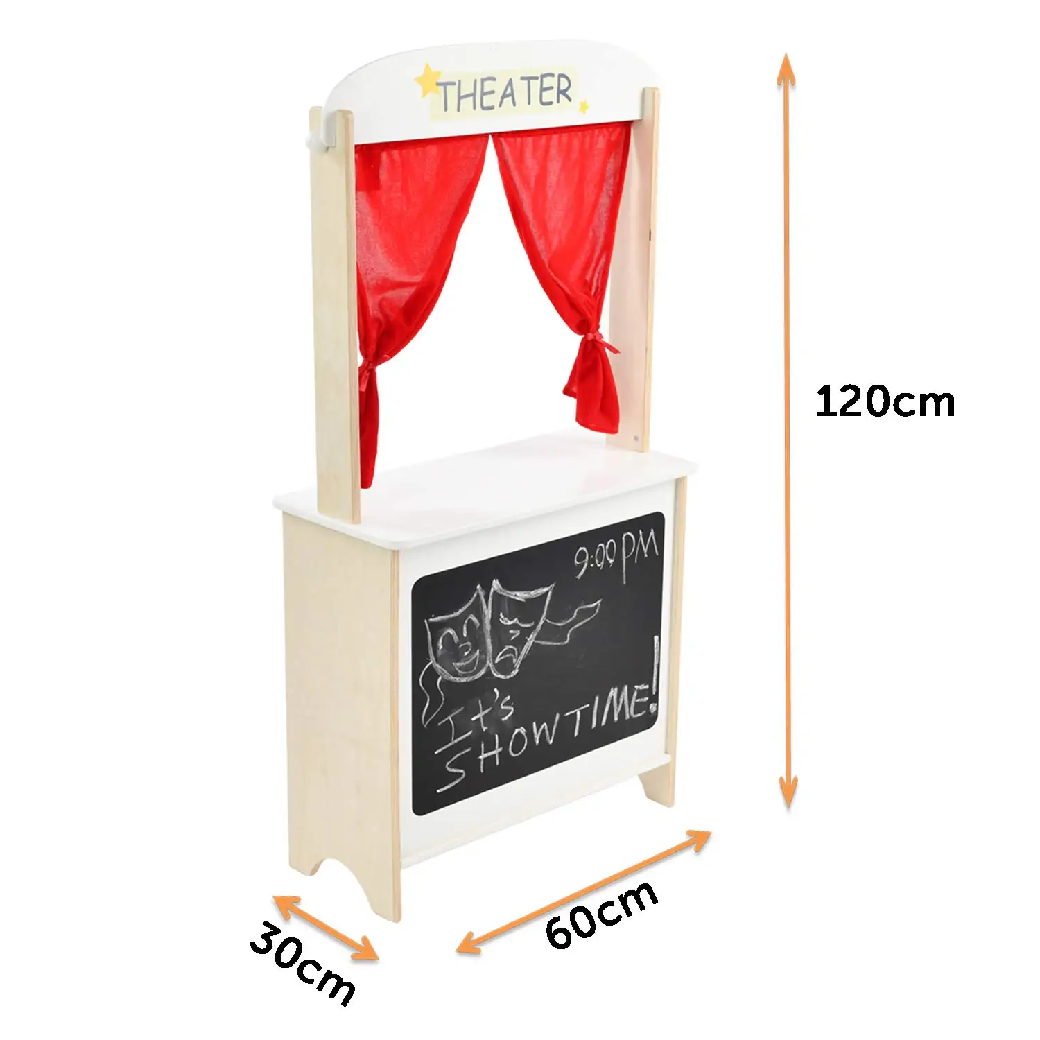 Wooden Puppet Theater Stand with 2 Hand Puppets Chalkboard, Double-Sided Shop Stand & Stage Puppet Show Theater for Kids, Deluxe Children Puppet