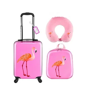 Wholesale  ABS Cute Pink Flamingo Carry on 18 Inch Child Suitcase Trolley and 13 Inch Kids Backpack Luggage Set