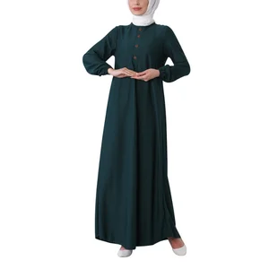 New Women Middle East Muslim Robe Button Loose High Waist Solid Color Long Sleeve Long Dress