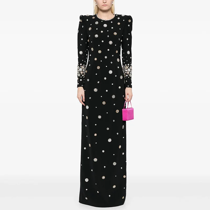 Fashion European Style Fine Workmanship Rhinestone Beading Long Sleeve O-neck Women Formal Wear Lady Maxi Solid Dress