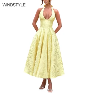 High-End Jacquard V-Neck Dress XS Knee-Length Satin Party Evening Dress Temperament Sleeveless Backless Waist Design Summer