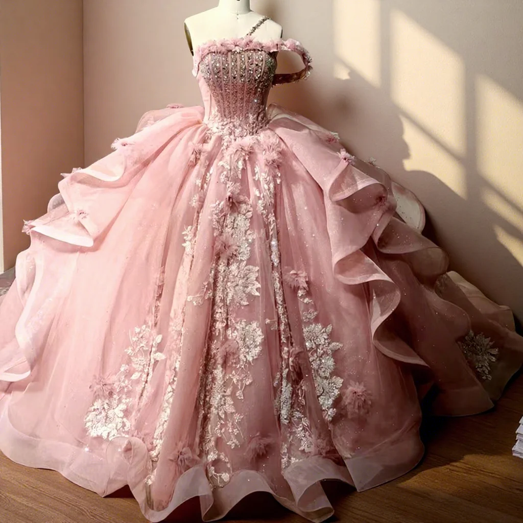 Pink Off Shoulder Big Train Prom Tiered Vestidos De 15 Formal Princess  Party Ball Gowns Sweet 16 Quinceanera Dresses Lsmc24-2