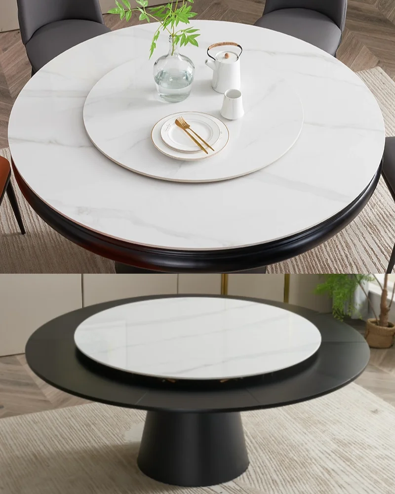 Retro Elegant Practical Wooden Tabletop Metal Base Turntable Expandable Dining Table Dining Room Restaurant Reception Room Hotel