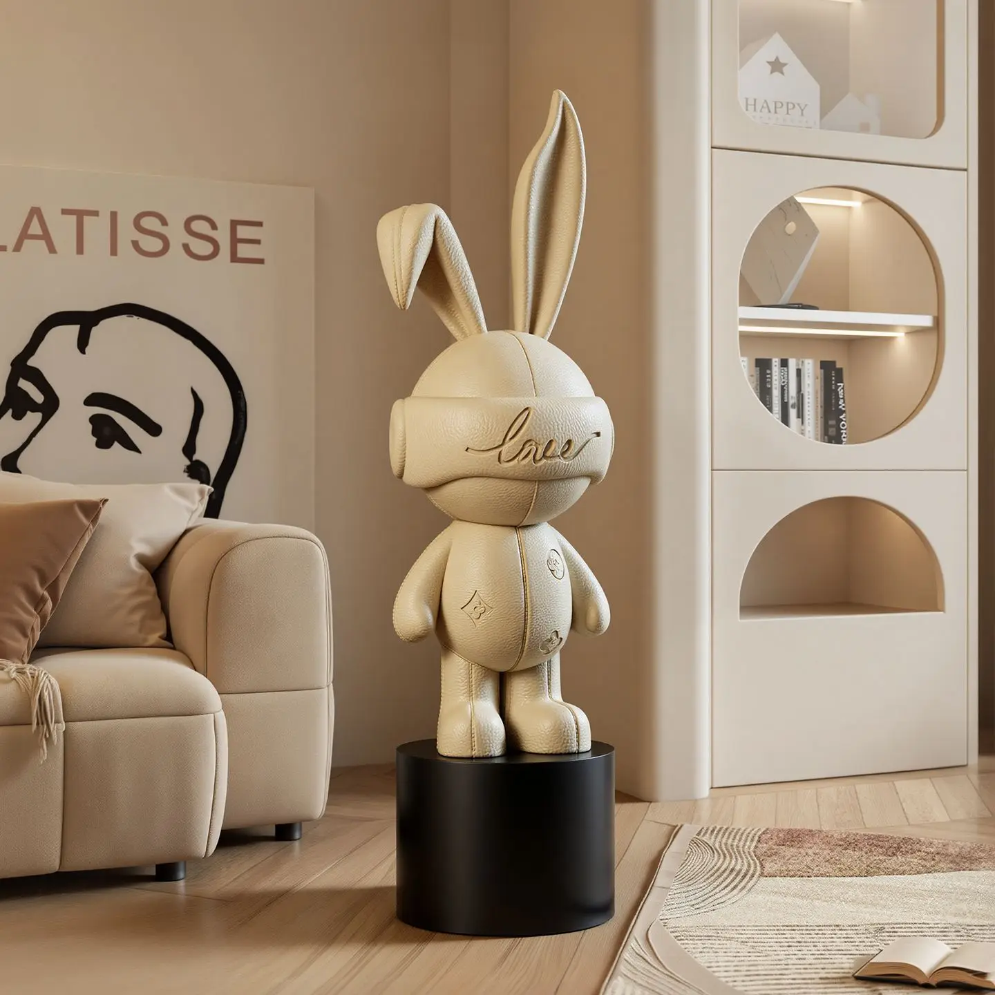 Large Beige Bunny Sculpture with Embossed Details Modern Abstract Floor Statue Home Decor Living Room Entryway Statement Piece