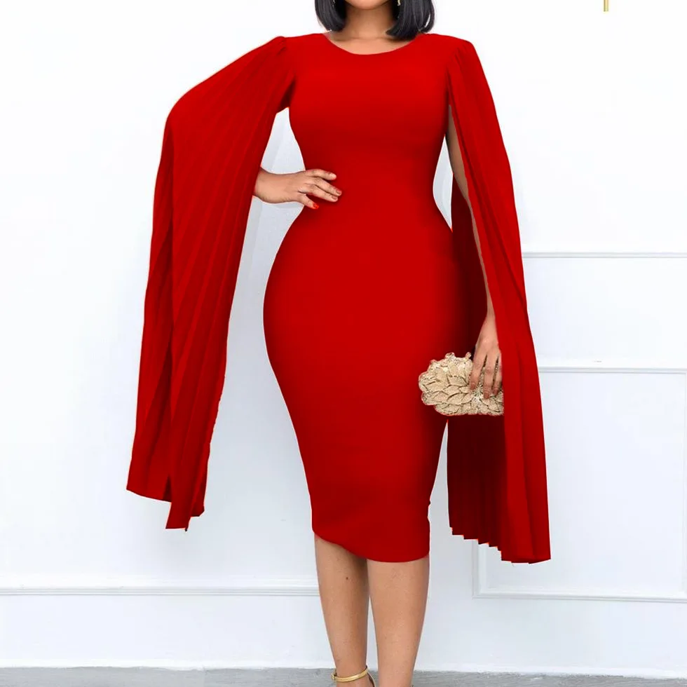 Plus Size Red Women's Ruched Cloak Pleated Split Long Sleeve Tight ...
