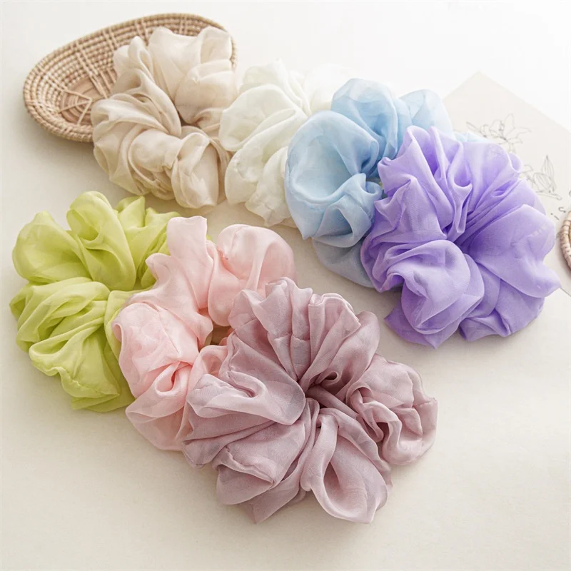 New Large Solid Color Chiffon Large Scrunchies Women Simple Hair Scrunchies Band