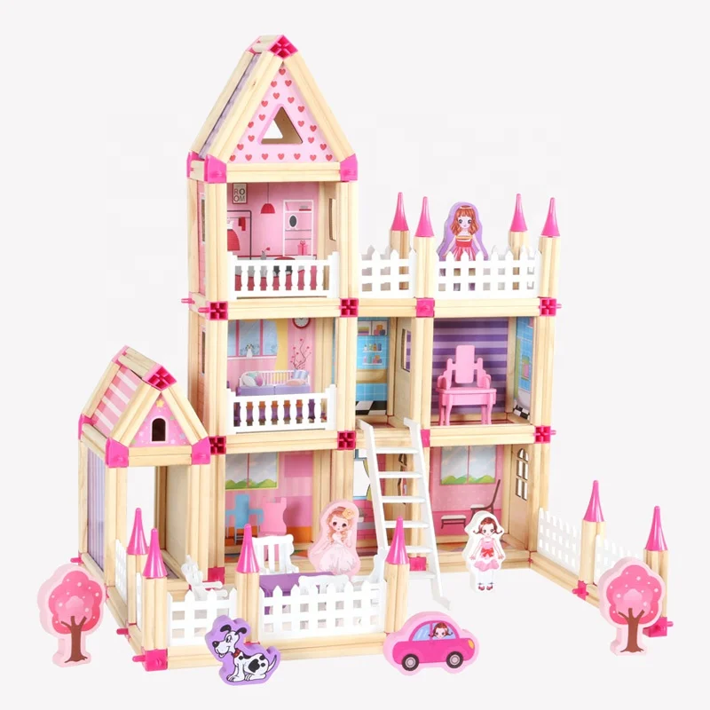 298pcs girls pretend play doll house wooden diy girls princess building house block toys