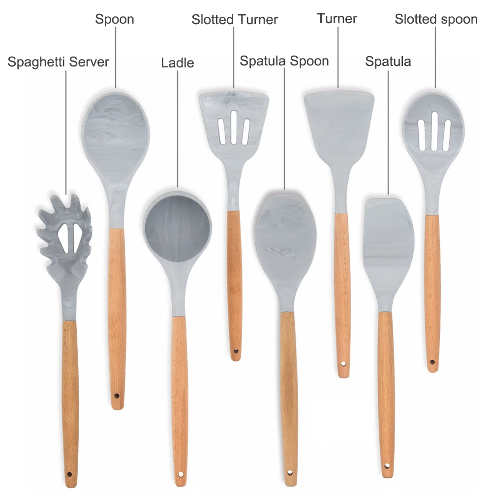YF Hot Selling Kitchen Utensils Set with Natural Wood Handle Eco-friendly Silicone Cooking