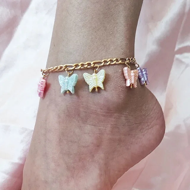 Colorful Clover Anklet Bracelet with Butterfly Pendant for Women