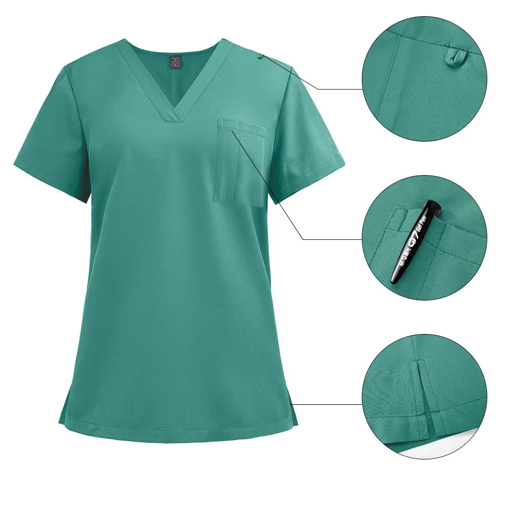 Hospital Uniforms Short Sleeves Nurse Scrubs Sets V-neck Nursing Uniforms Top & Pants with Multi Pocket Summer