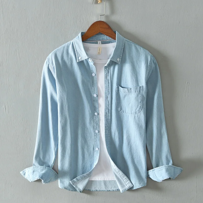 Camicie da uomo in cotone e lino con colletto rialzato primaverile ed estivo, tutte abbinabili, fresche e casual, in tinta unita alla moda252_voghion.com