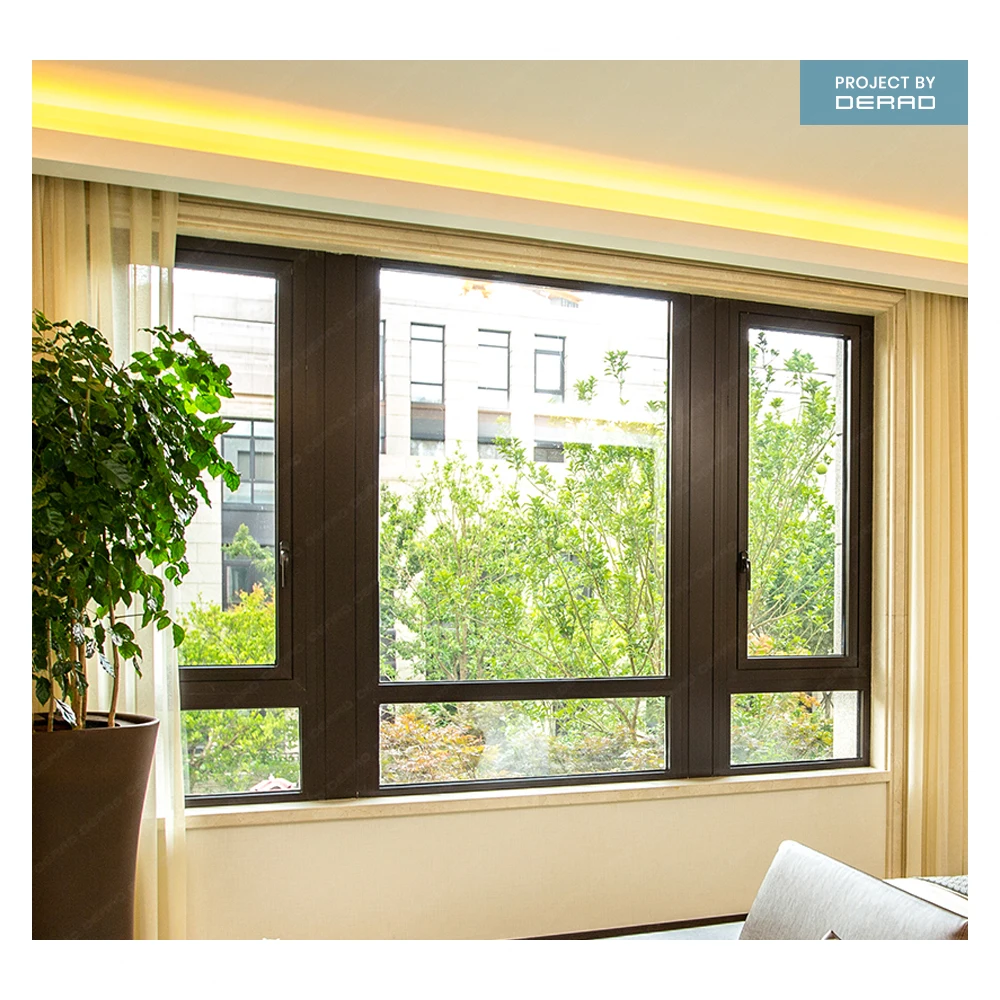 Hotel windows 3 pane with fixed panel aluminum alloy tilt and turn windows with double glazed tempered clear glass factory