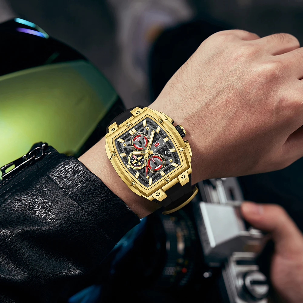 MINI FOCUS Chronograph Quartz Man New Model Watch for Men Sport Wristwatch with Black Rose Gold Silicone Strap MF0602G