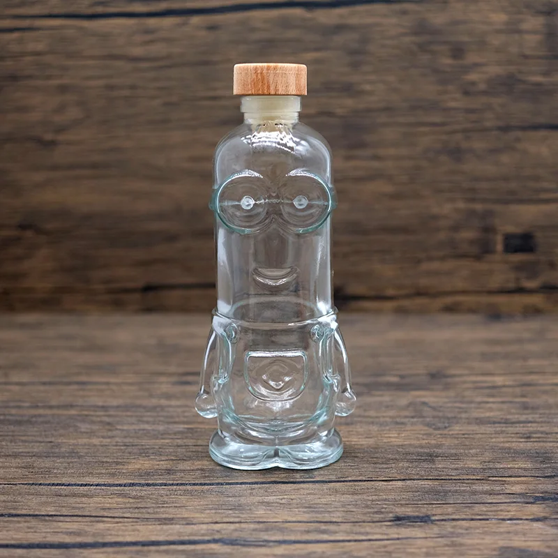 330ml Minions Shape Glass Bottle with Leak Proof Polymeric Stopper for Beverage Storage & Container