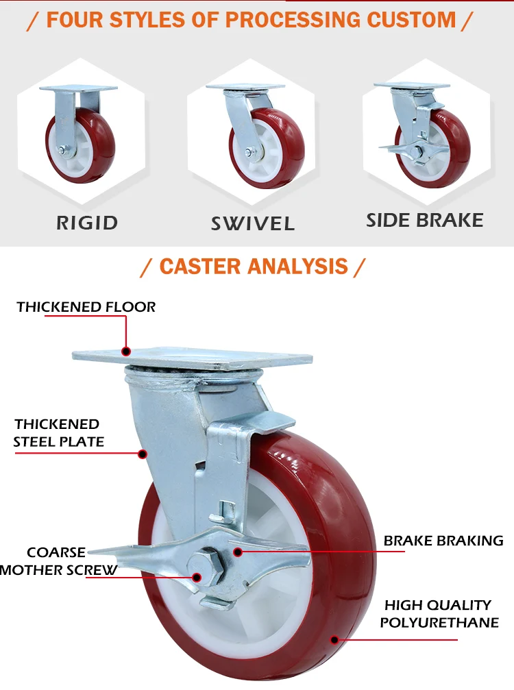 High quality top plate red swivel pu caster wheel heavy duty 6 inch details