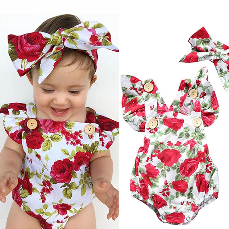 Newborn Baby Girls Floral One Piece Bodysuit Romper Headband 2Pcs Sets Outfits