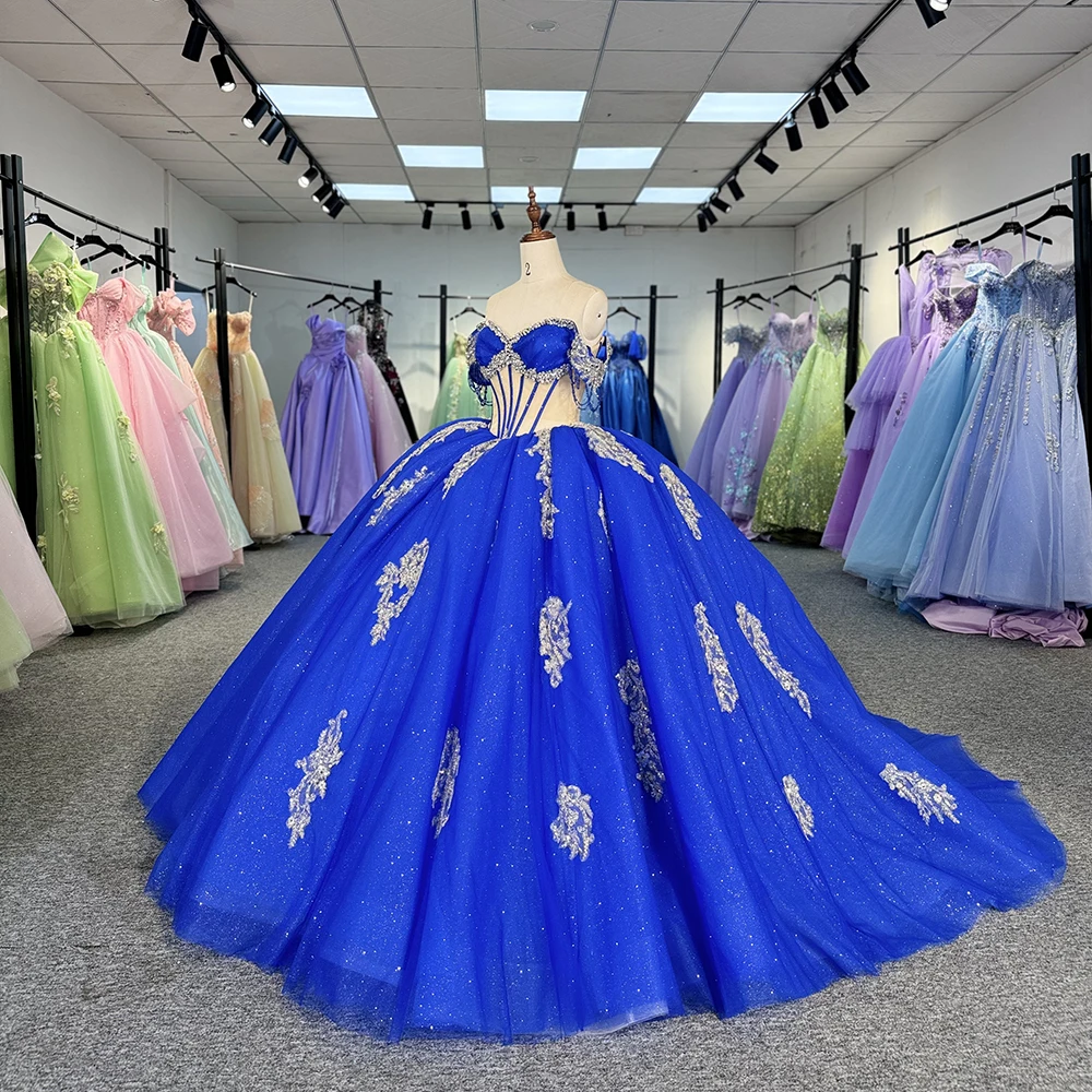 cinderella royal blue wedding dress Royal Blue Beaded Lace Wedding Gown Halter Neck Quinceanera Dress 2311 –  Viniodress