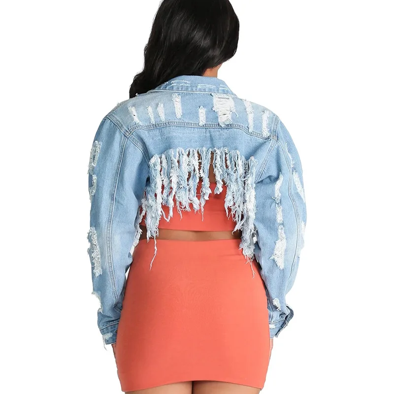 2022 Fall Fashion Ripped Blue Jean Coat 