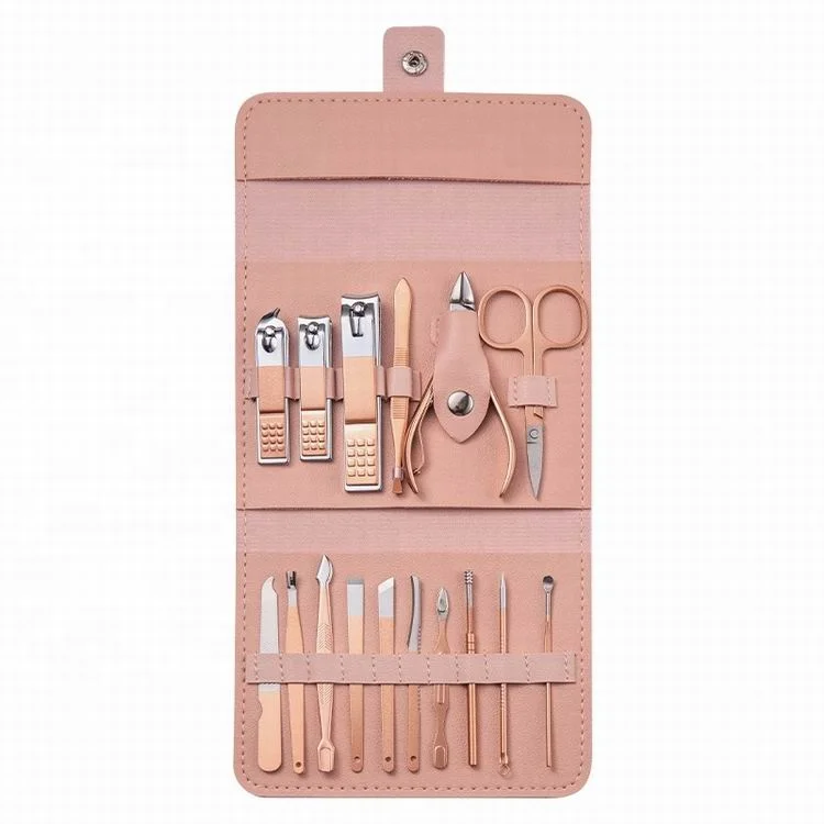 VW-MS-1252 Pink PU Manicure Set Kit Leather Gel Case Nail Clipper Set Stainless Steel Private Label 16 in 1 5 Working Days 265g