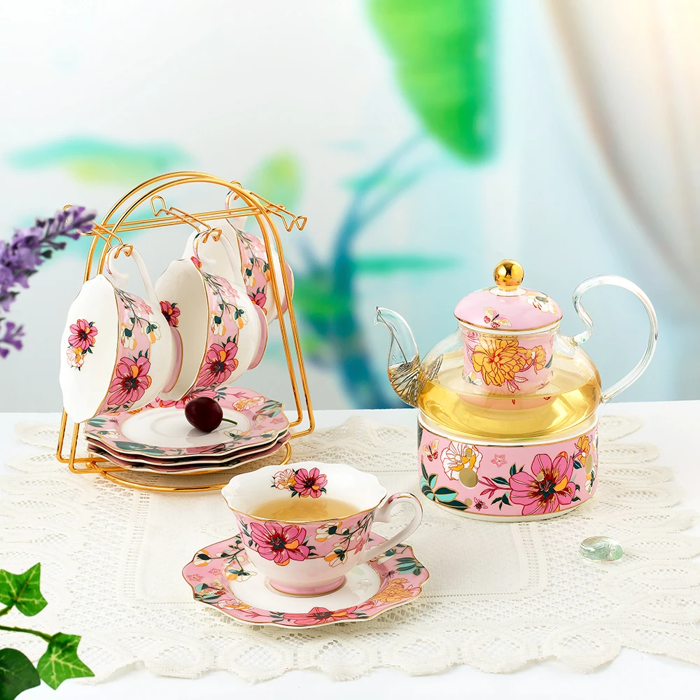 Hot Sell Bone China tea set with tea pot  porcelain 2 tires cake stand ceramic coffee cup and saucer and tea set for party