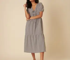 Hot Sell Gingham Tie Front Checked Midi Dress 2026 High Quality Elegant Fashion Dress