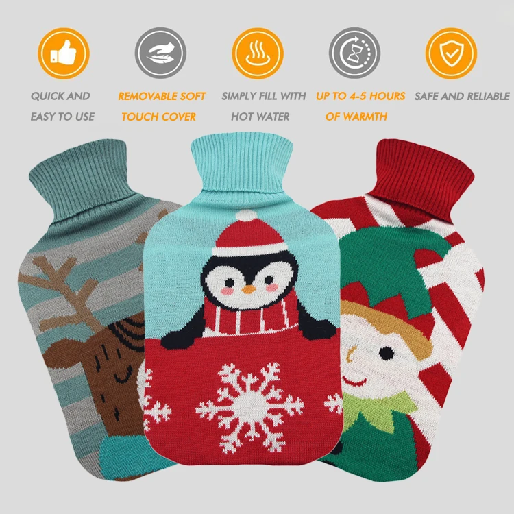 factory direct sale hot compress christmas gift hot water bottle bag rubber 2000ml with knitted cover