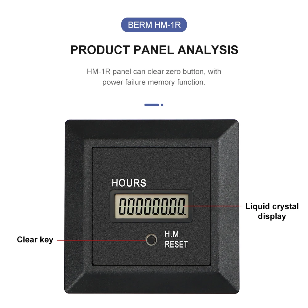 HM-1R Power-on Timing 0~999999H59M LCD 8-bit Display 100-240V AC Hour Meter With Reset Function Counter