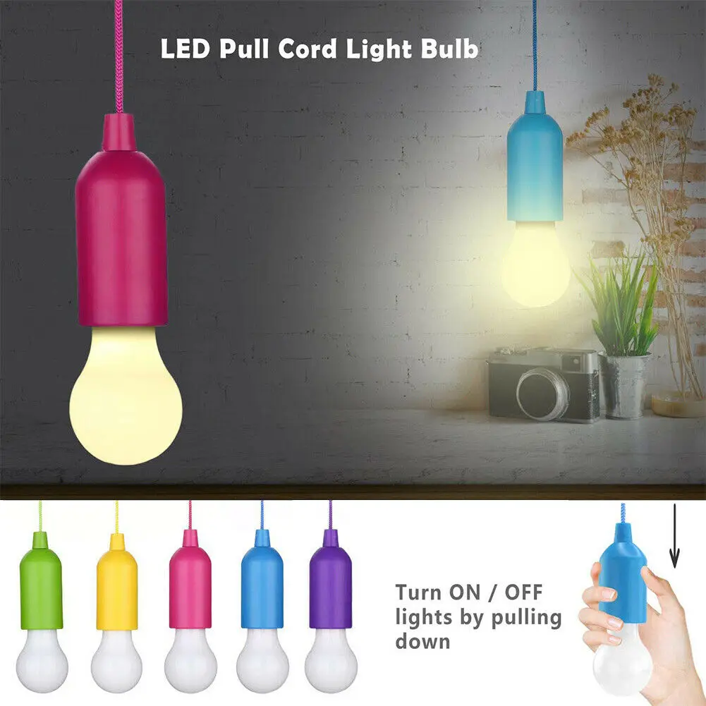 LED Portable Night Light Colorful Hanging Pull Cord Bulb Party Wedding Xmas Decoration for Kids Bedroom Tent Reading Lamp