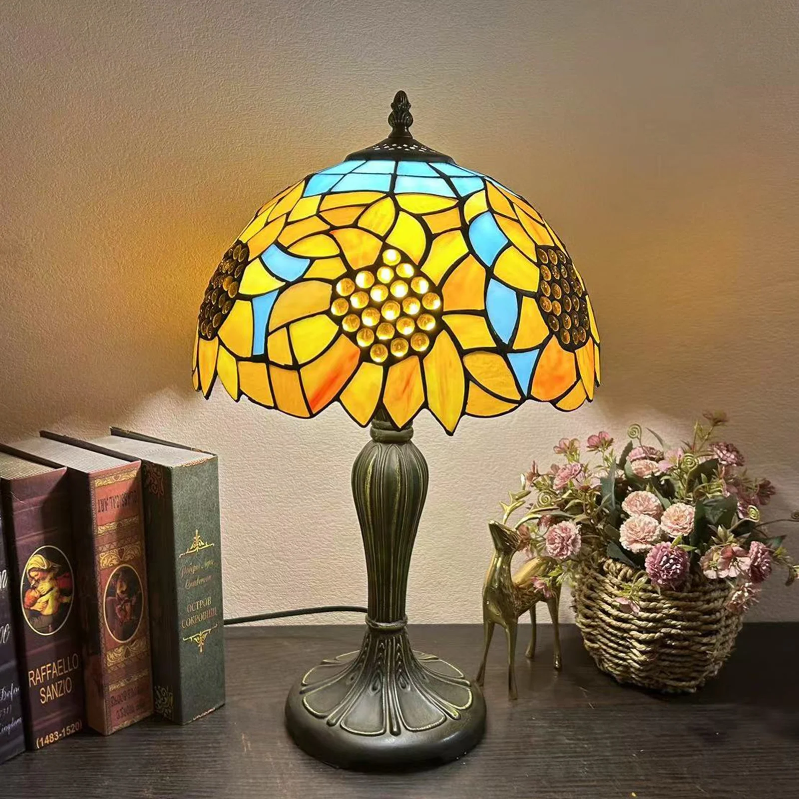 LongHuiJing Tiffany 12Inch Colored Glass Table Lamp Sunflower Living Room Mediterranean Retro Baroque Style Table Lamp