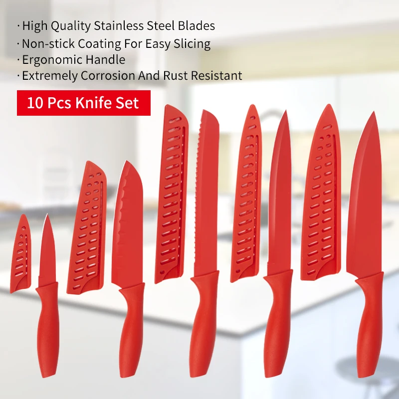 High Quality Cooking Knife Stainless Steel 10 PCS Non-stick Coated Kitchen Knife Set with Plastic Sheath